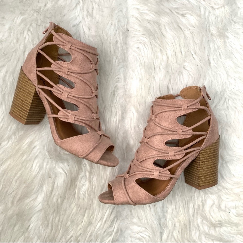 Qupid Clyde Cut Out Strappy Blush Pink Peep Toe Block Heel Booties